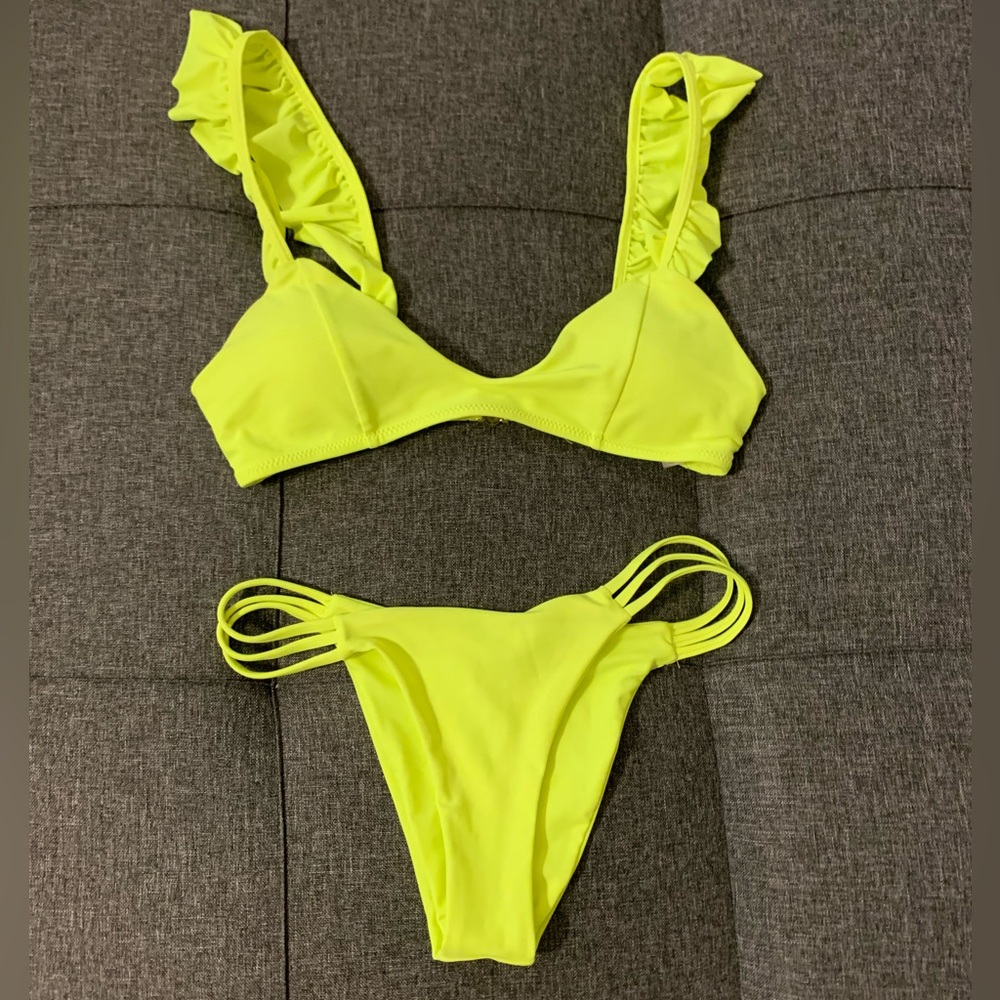 Highlighter yellow bikini with ruffle straps